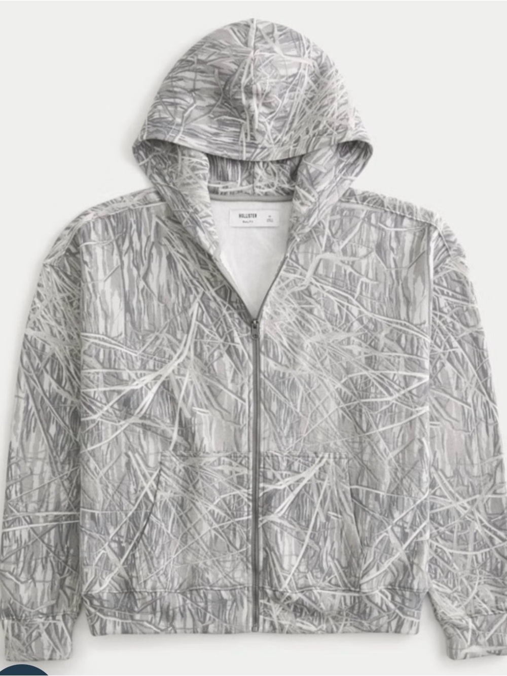 Hollister Men's Light Gray & White Abstract Branch Pattern Zip Hoodie